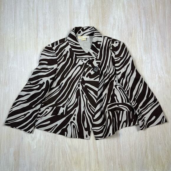 Michael Kors 100% Linen Brown Zebra Animal Print Short Blazer Jacket Size 8 - Picture 1 of 15